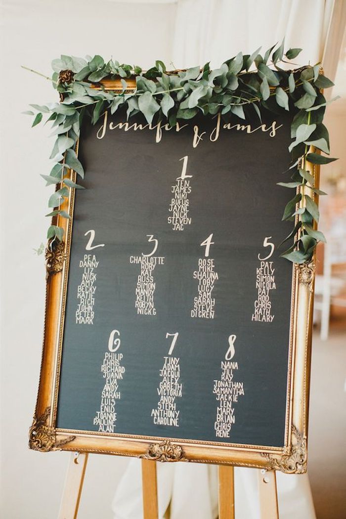modele de plan de table pour mariage en tableau noir avec noms invités et nombres table écrits en blanc, cadre baroque et guirlande de laurier