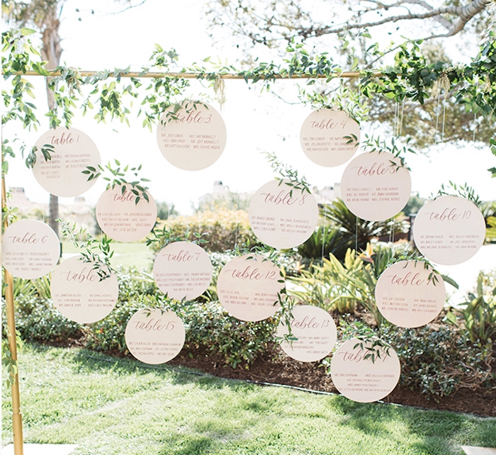 diy mariage plan de table en cercles de papier avec noms invités écrits dessus, calligraphie, un cadre doré avec des plantes enroulées autour