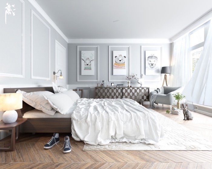 decoration inspiraion scandinave dans une chambre à coucher, parquet clair, linge de lit blanc, commode gris et marron, deco murale dessin animaux, mur couleur grise