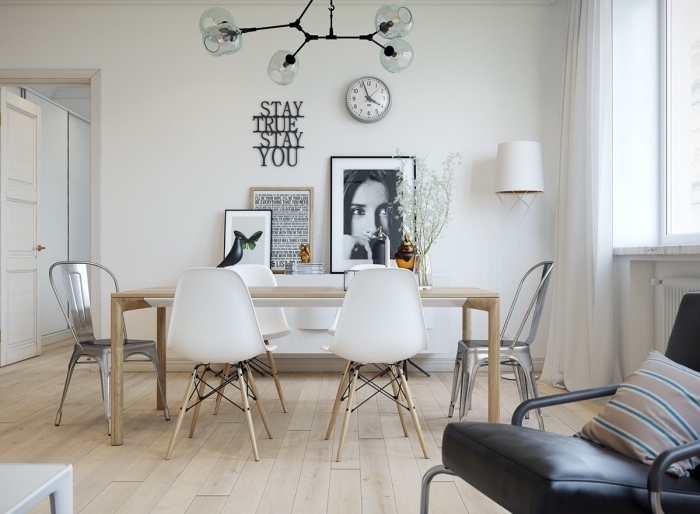 modele de déco scandinave, parquet clair dans une saale à manger, table en bois massif, chaises scandinaves, decoration murale graphique, suspension originale
