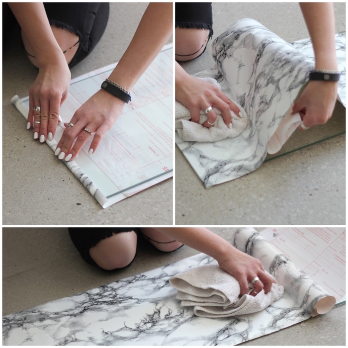 petite astuce déco pour le relooking d un meuble ikea, une table ikea sublimé de papier décoratif à effet faux marbre
