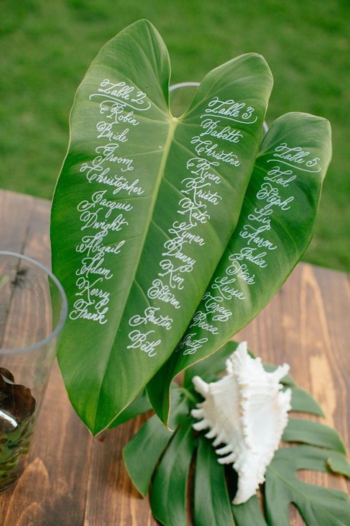 plan de table original en feuilles vertes avec les noms invités écrits dessus, idee deco mariage exotique