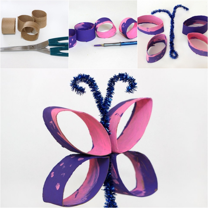 joli papillon réalisé avec un tube en carton, aux antennes en chenilles, idée pour un bricolage en papier maternelle