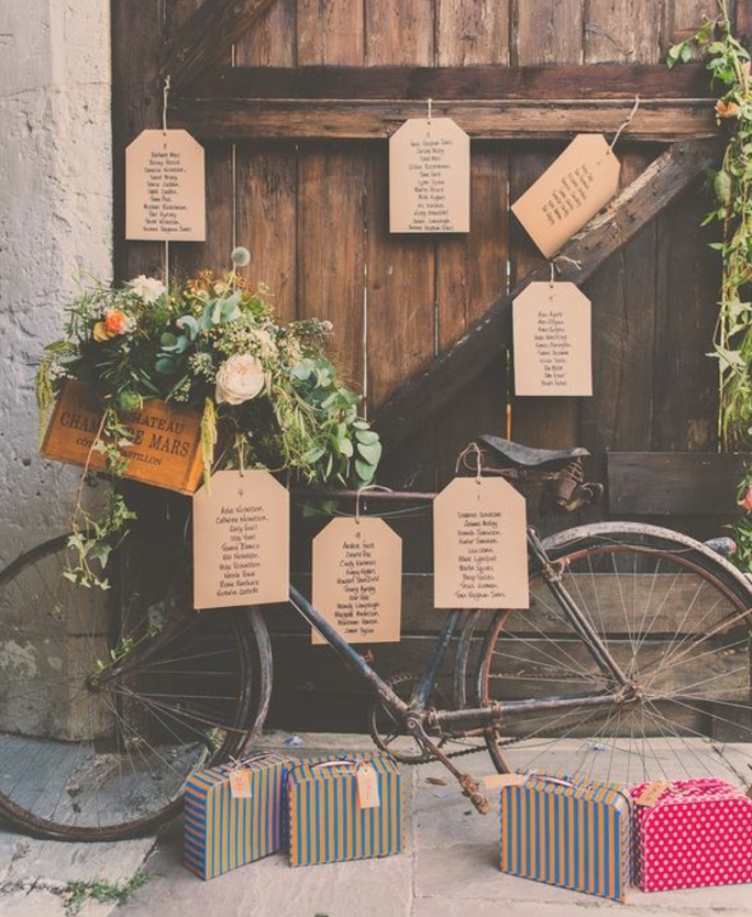 exemple de plan de table pour mariage vintage campagne, porte en bois usé et vélo avec des étiquettes en papier kraft, contenant les noms des invités, petites malles colorées et caisse en bois fleurie