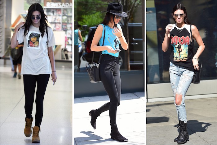 tenue rock, looks avec bottines pour femme, t-shirt blanc et pantalon slim noir, débardeur bleu clair avec jeans foncés