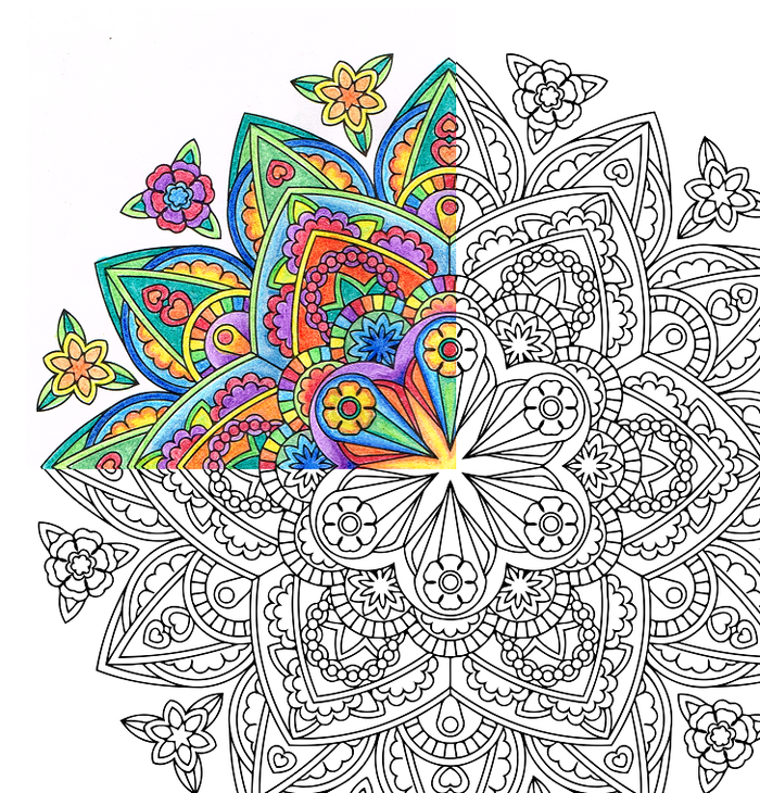 exemple de coloriage de mandala au design en fleurs symétriques aux crayons