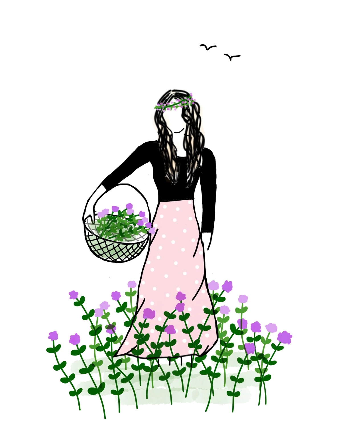 jupe rose dots blancs champs fleurs violettes vol oiseaux silhouette femme couronne