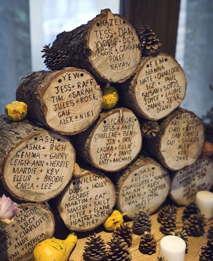 idée de bûches de bois avec noms invités gravés sur le tronc, decoration automne de pommes de pin et petites courgettes