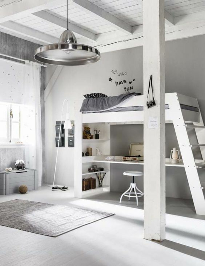 décoration chambre garçon style industriel en blanc avec des touches grises