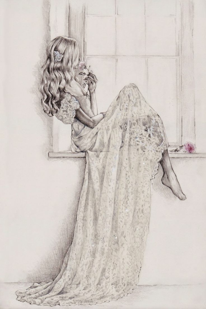 Robe longue fille dessin dessin animé de fille dessin fille triste image fenetre femme robe dentelle blanche