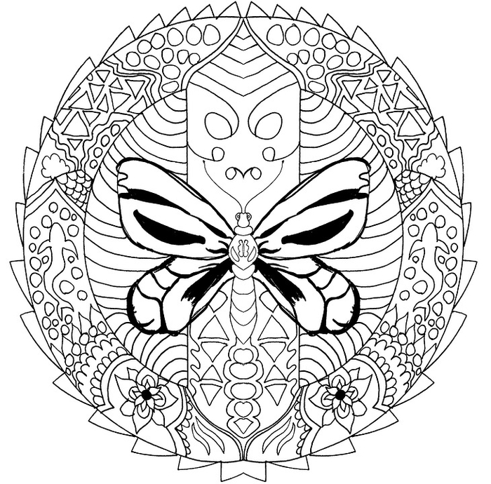 un mandala à colorier original associant un papillon, des requins et une variété de motifs géométriques 