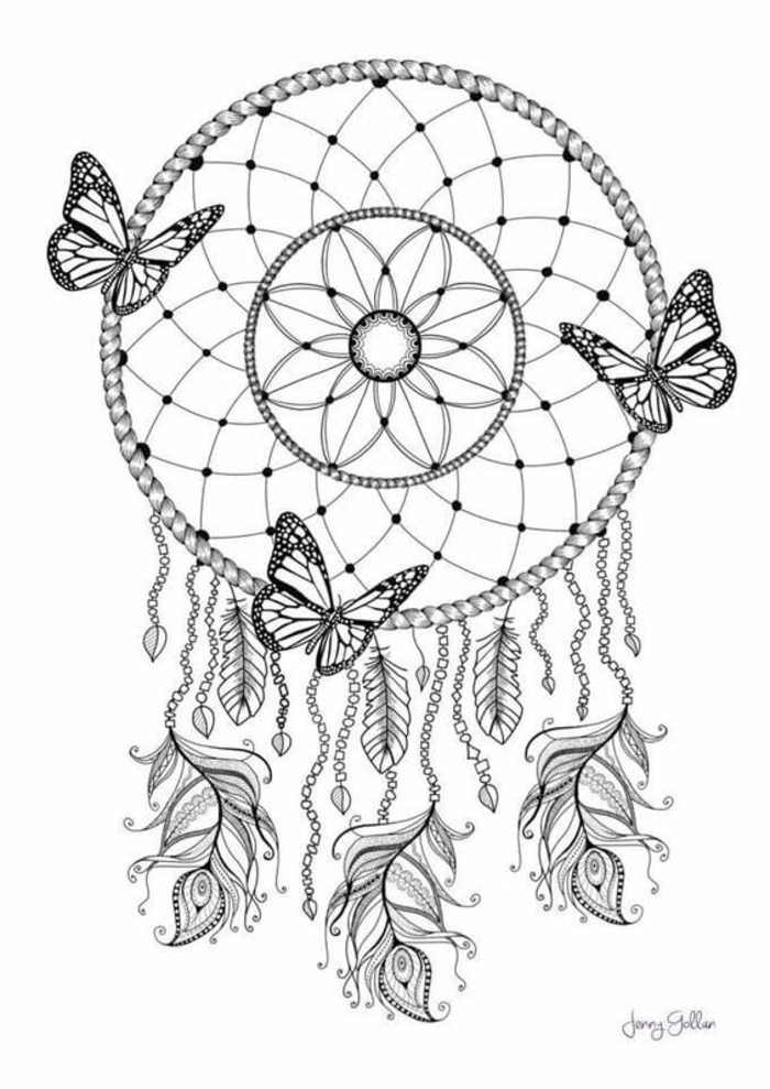 joli dessin zen à colorier et à imprimer en forme d'attrape-rêve indien décoré de papillons