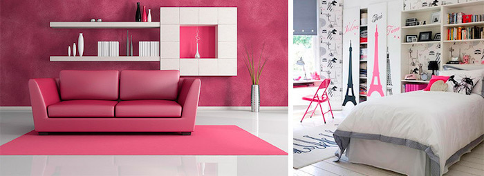 peinture chambre, salon moderne aux murs framboise et plancher carrelage blanc, tapis rectangulaire en rose