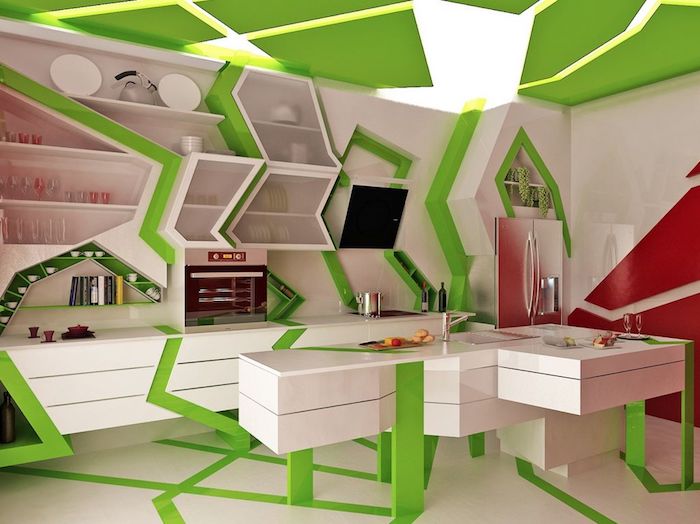 cuisine équipée, décoration intérieur en blanc et vert à motifs triangulaires, étagères murales en blanc