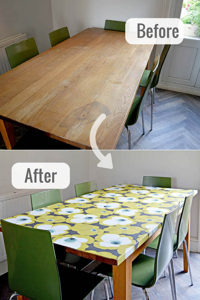 jolie idée pour un relooking salle à manger avec une simple table en bois revêtue de papier adhésif motif vintage floral