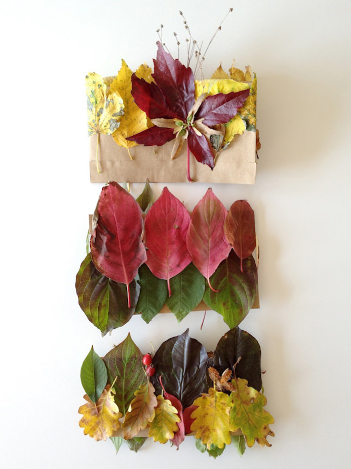 modele de couronne de feuilles d arbres mortes collées sur une bande de papier kraft, activité manuelle automne maternelle