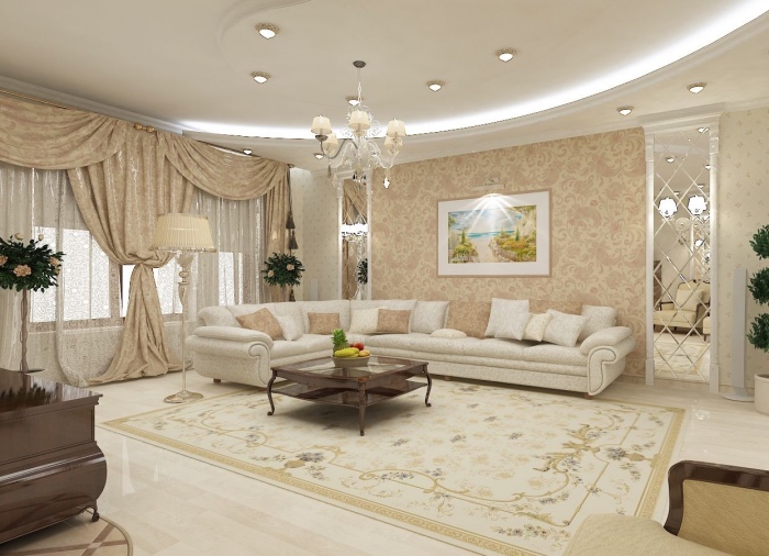 idée deco salon moderne somptueux, canapé blanc cassé et plafond blanc classique, table basse bois, tapis murs d accent et rideaux beige