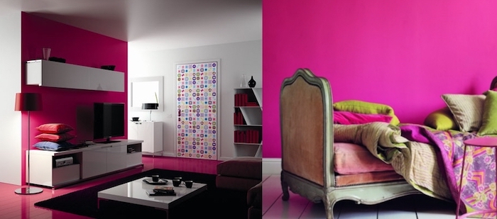 objet deco, salon aux murs blancs et plancher framboise, aménagement salon moderne, chambre à coucher aux murs rose foncé