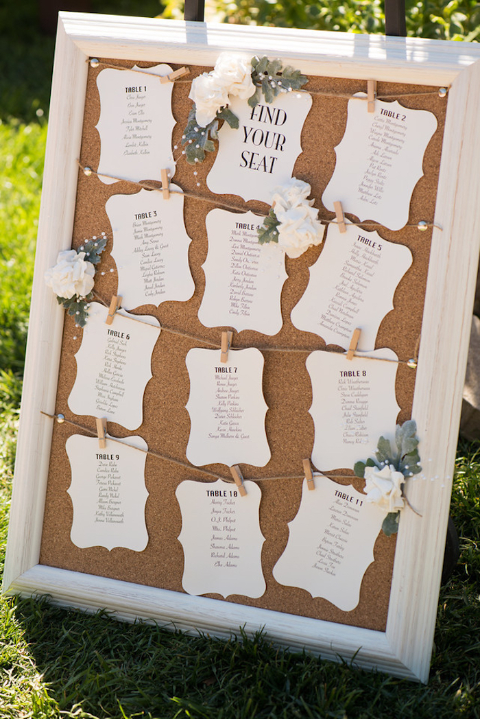 plan de table pour mariage cadre blanc et fond de liège avec des étiquettes blancs et les noms des invités en lettres noires, fixation avec des pinces à linge bois