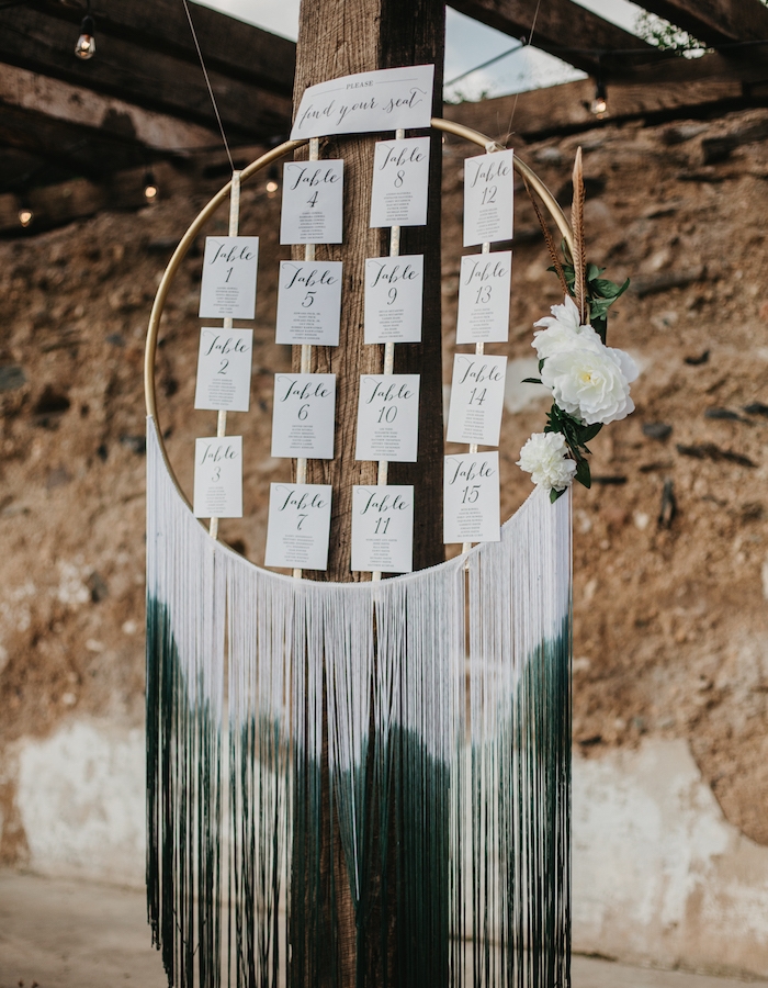 plan de table mariage en cerceau en bois, étiquettes blanches noms invités et macramé effet ombré blanc et vert, deco de fleurs blanches