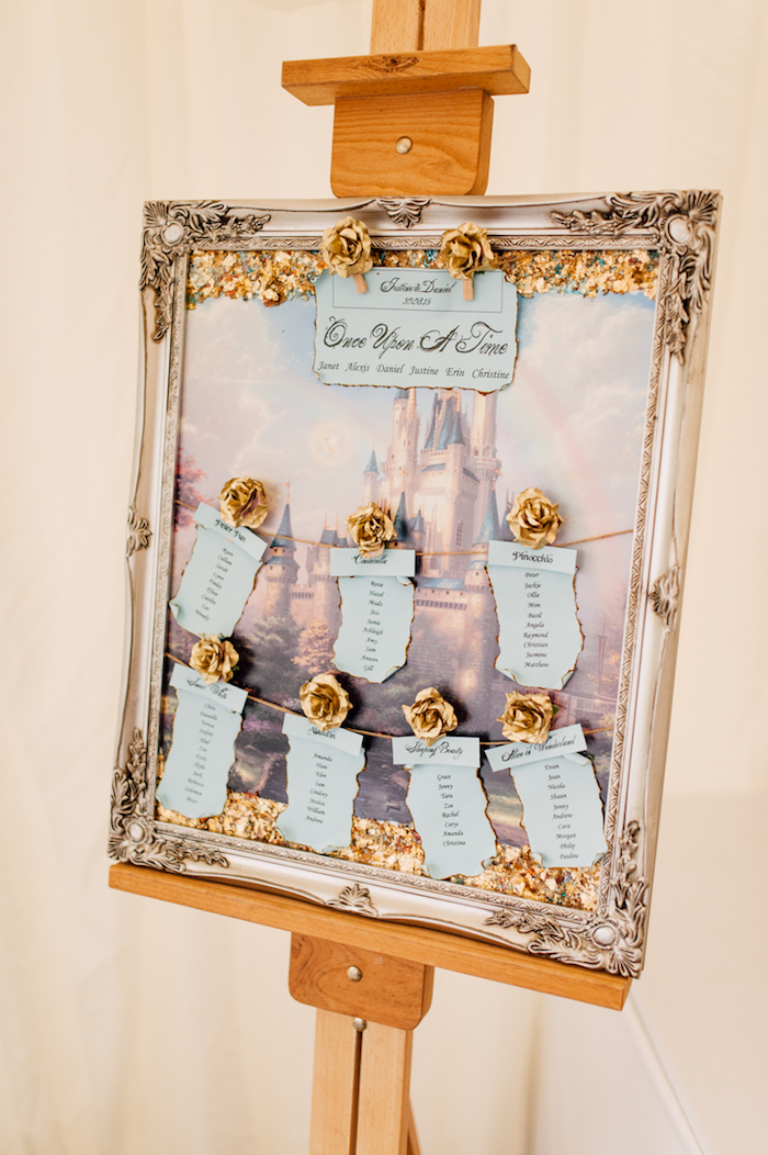 plan de table mariage en tableau château enchanté dans un cadre baroque, support de chevalet en bois, étiquettes bleu pastel avec noms invités et roses dorées