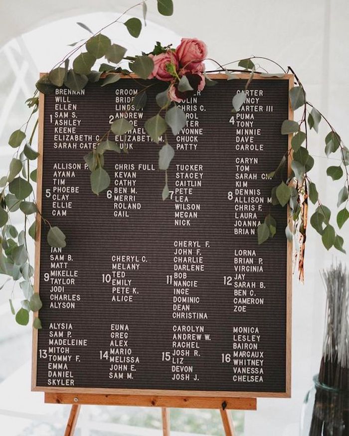 idée de pla de table original cadre en bois, fond noir avec des noms invités lettres blanches, guirlande verte avec quelques roses, chevet comme support