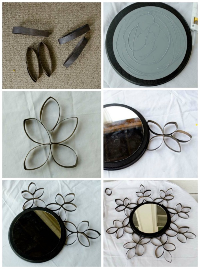 un tuto facile pour réaliser un cadre de miroir motif fleur à partir de rouleau papier toilette recyclé