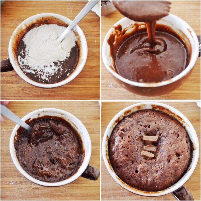 comment préparer un délicieux mug cake fondant chocolat et caramel, recette facile et rapide de dessert décadent au micro-ondes