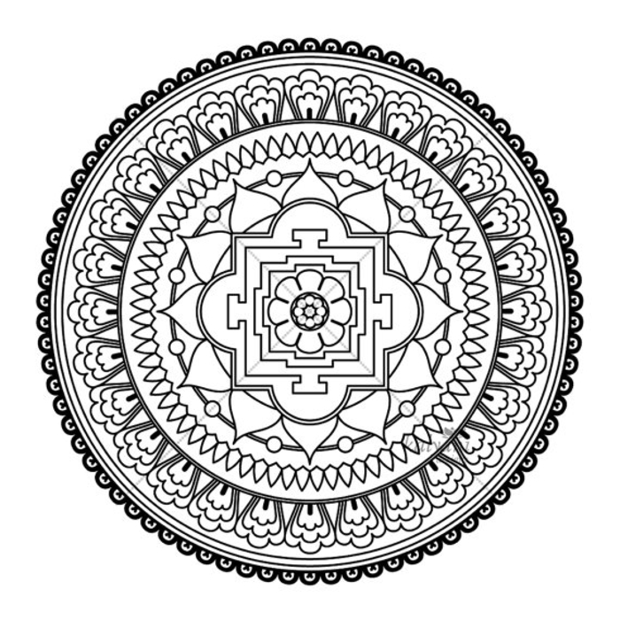 un dessin zen à colorier en forme de mandala oriental composé de cercles concentriques et de motifs orientaux