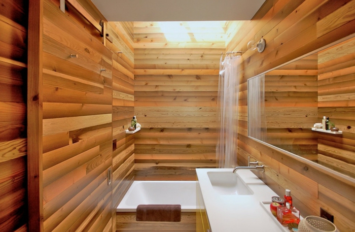 salle de bain nature, vasque blanche rectangulaire, agencement style chalet 