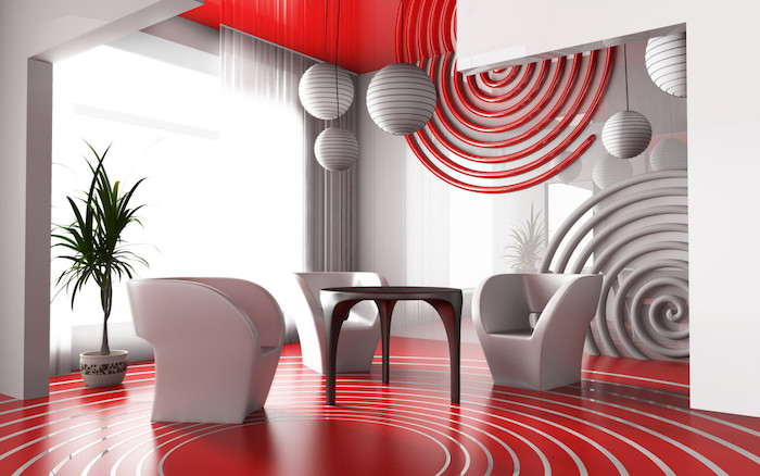 plafond et sol blanc, mur d accent spirale rouge et blanche, fauteuils blancs, table ronde inox, suspensions blanches