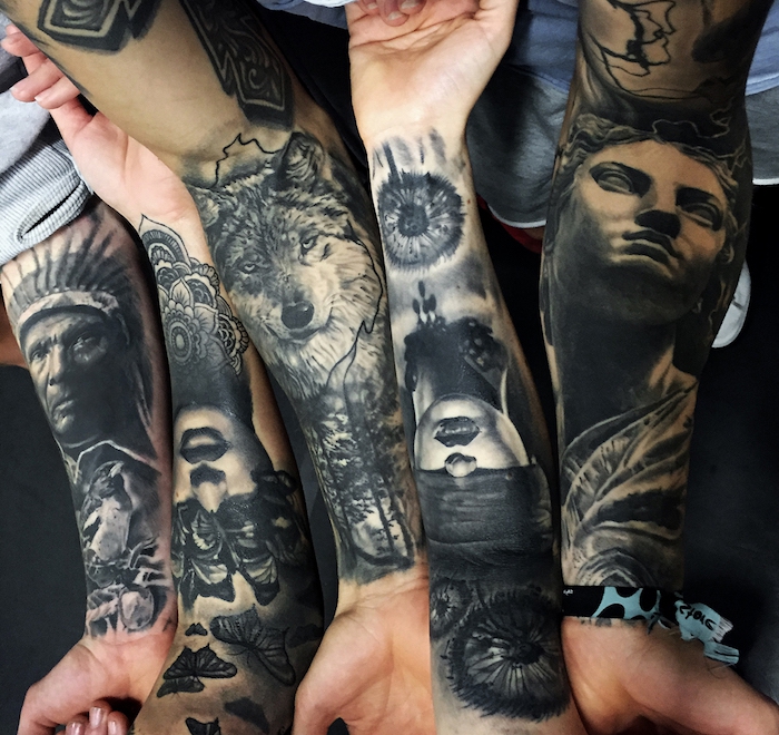 dessin tatouage, modèle de tatouage sur le bras entier, dessin en encre pour hommes et femmes