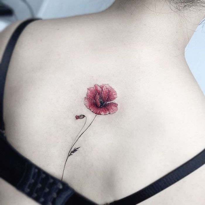 tatoo coquelicot tatouage fleur rose dans dos femme, idée de tatouage coquelicot dos