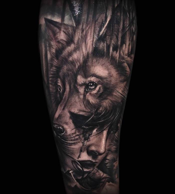 tatouage avant bras, dessin entier en encre, tatouage à motifs femme loup modèle pour homme et femme