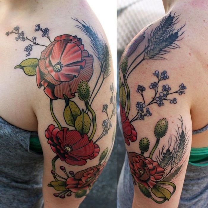 tatouage fleurs épaule femme tattoo fleur couleurs bras