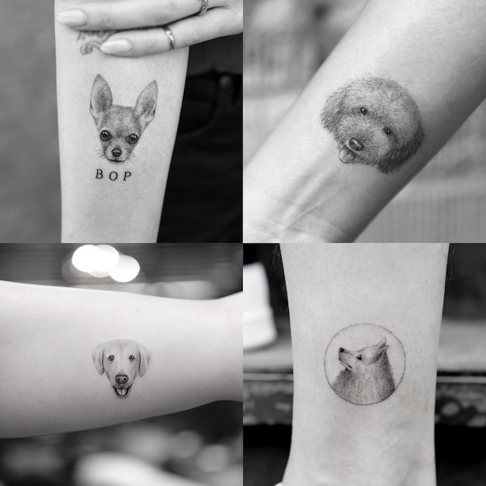 petit tatouage femme, ongles longs à vernis nude, art corporel à design animal de compagnie, dessin en encre motifs chien,