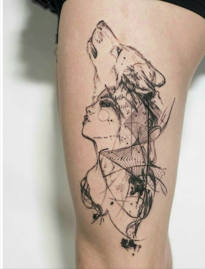 signification tatouage, dessin en encre sur jambe féminine, transformation femme loup en dessin