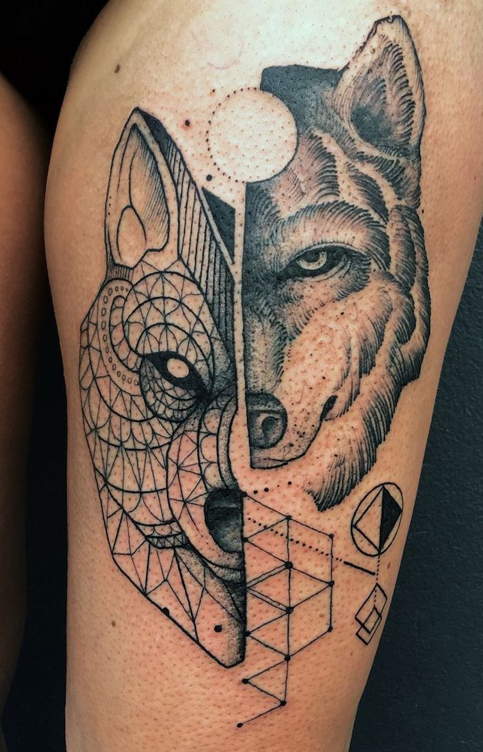 idée tatouage, art corporel pour femme à design animal, dessin en encre tête de loup