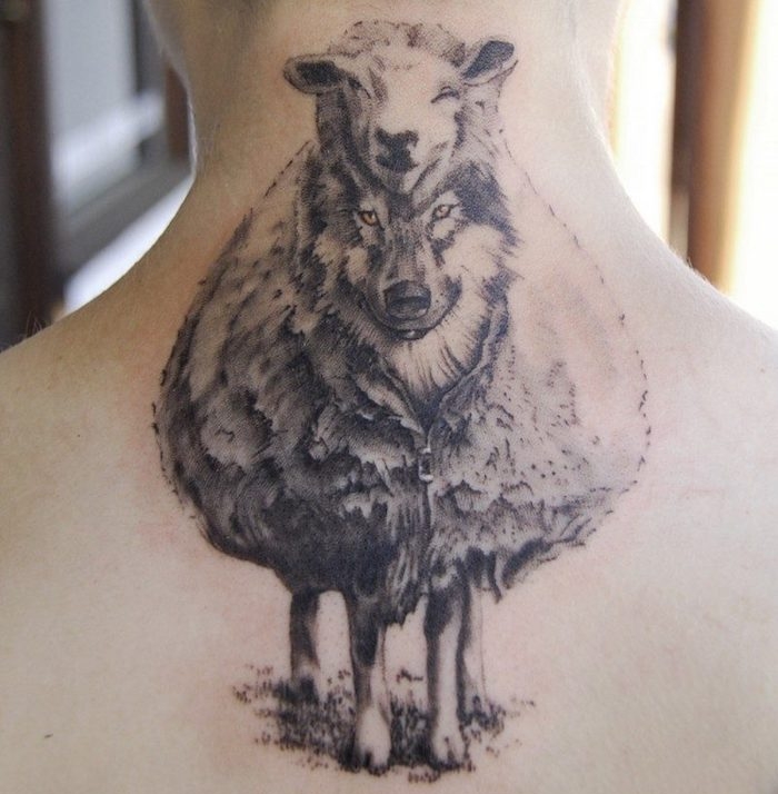 tatouage animaux, dessin symbolique sur la peau, tatouage loup et brebis sur le nuque
