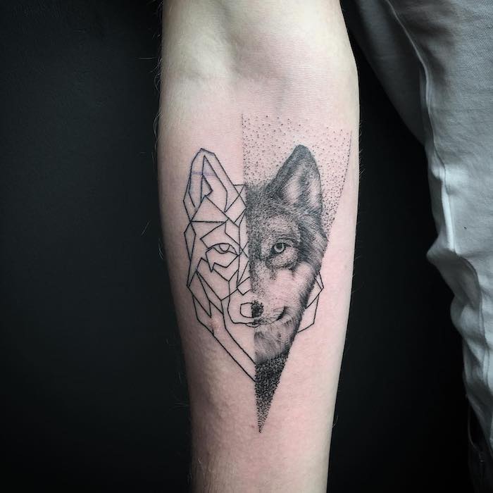 signification tatouage, art corporel à motifs animaux, dessin loup aux lignes géométriques