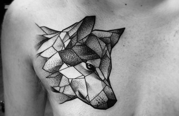 tatouage loup geometrique, dessin sur la peau à motifs animaux, idée tatouage pour homme