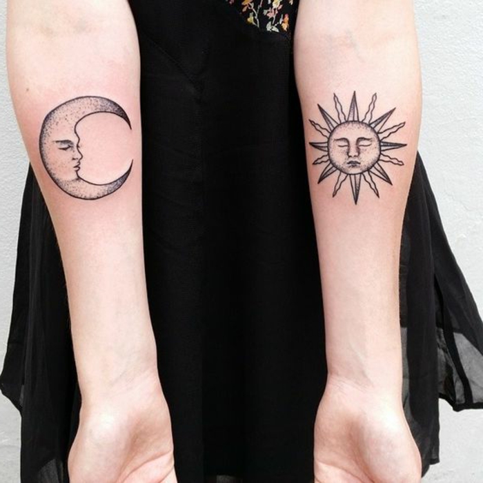 tatouage lune, tatouages aux bras lune et soleil, tatouages matching, tatouage avant-bras