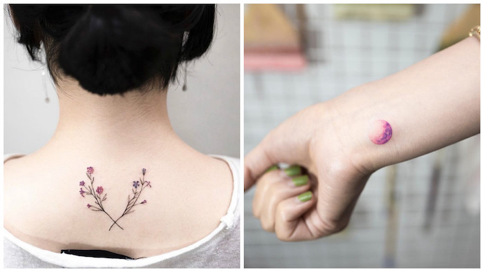 quel tatouage choisir pour femme, amour vers la nature, dessin en couleurs sur la peau, tatouage fleur et lune