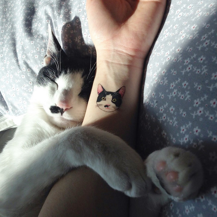 petit tatouage femme, chat endormi sur lit en couverture grise à motifs floraux, dessin sur peau en couleur