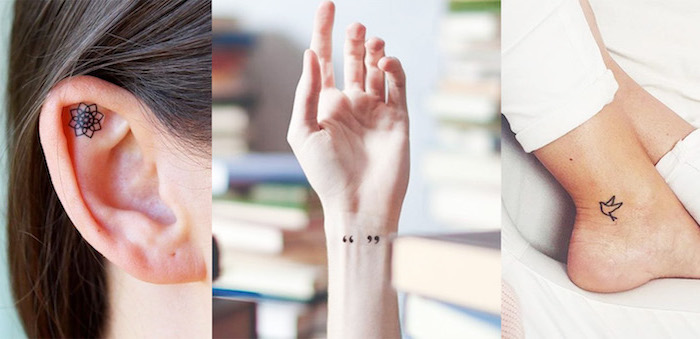 petit tatouage femme, dessin en encre à design poétique avec guillemets sur le poignet, tattoo mandala minimaliste sur l'oreille