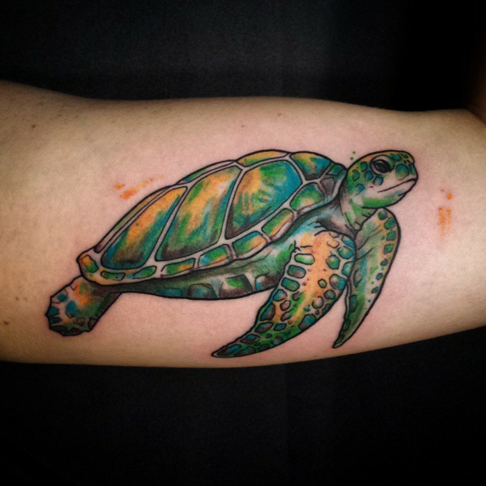 tatouage bras homme, tortue de mer réalistique en couleurs vives sur le bras