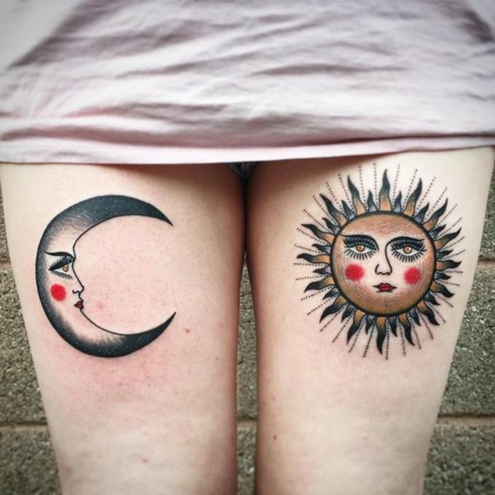 tatouage soleil et lune, tatouages femme cuisse, le disque lunaire et solaire personnifiés