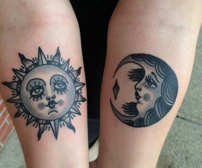 tatouage soleil, tattoos noirs soleil et lune comme visages humains