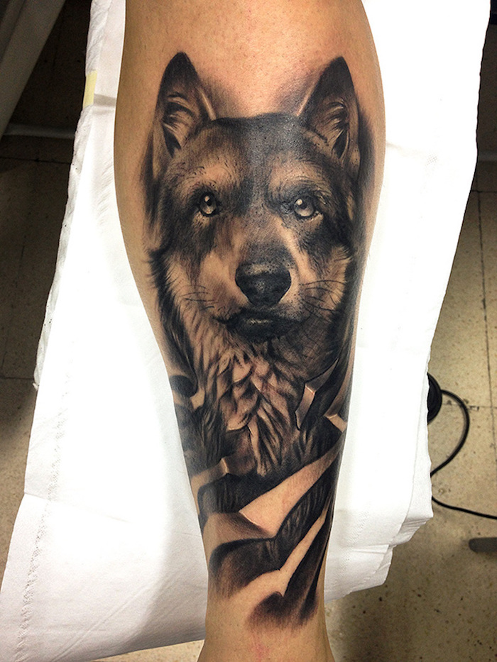 dessin tatouage, idée tatouage pour homme et femme, dessin en encre motif tête de loup