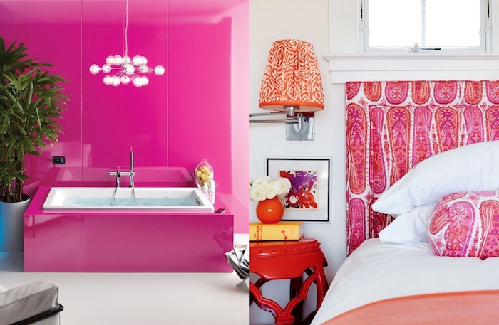 deco chambre, tête de lit à motifs ethniques en rose et blanc, vase orange avec fleurs blanches